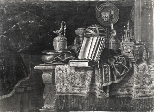 A. C. Cooper — Conte Meiffren - sec. XVII/ XVIII - Natura morta con libri, sfera armillare, orologio, brocche e bacile — insieme